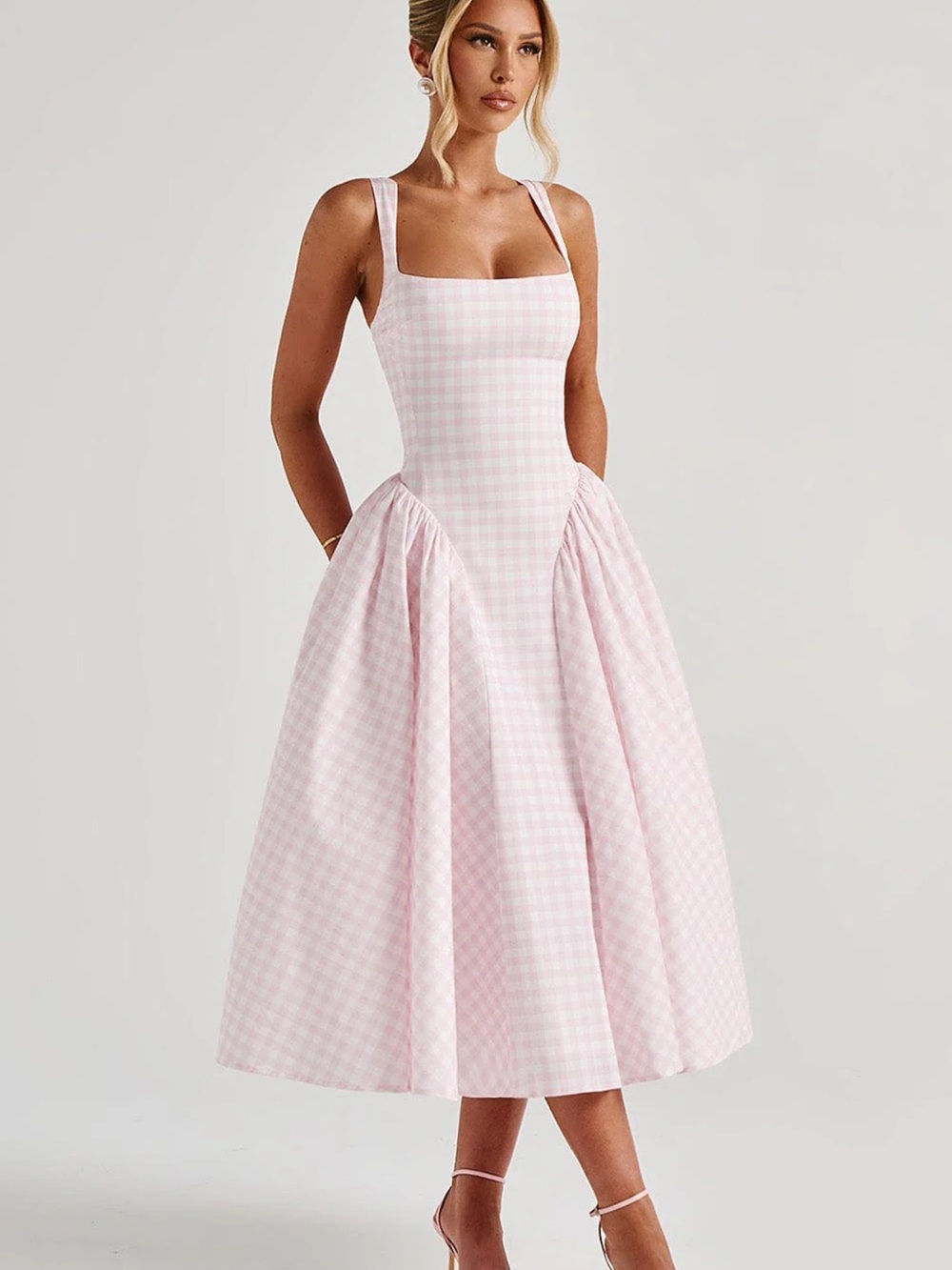 Square-Neck Pink Gingham Midi Dress - Picture 2 of 3